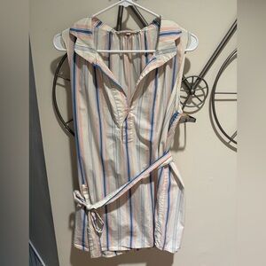 J. Crew Cream Striped Shirt with Pink & Blue Accents and Belt, Size M